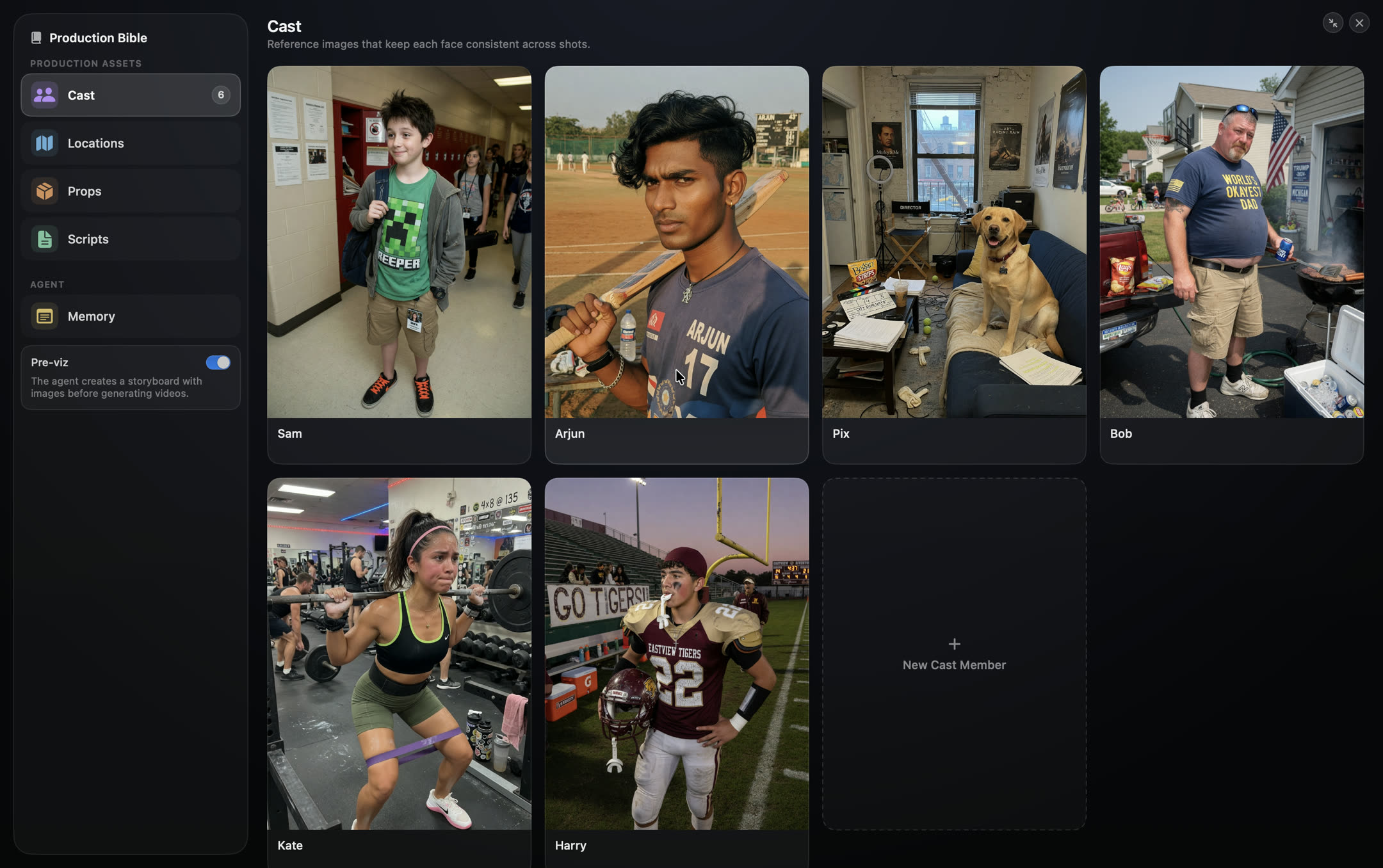 The Production Bible's Cast screen: reference images for six characters
