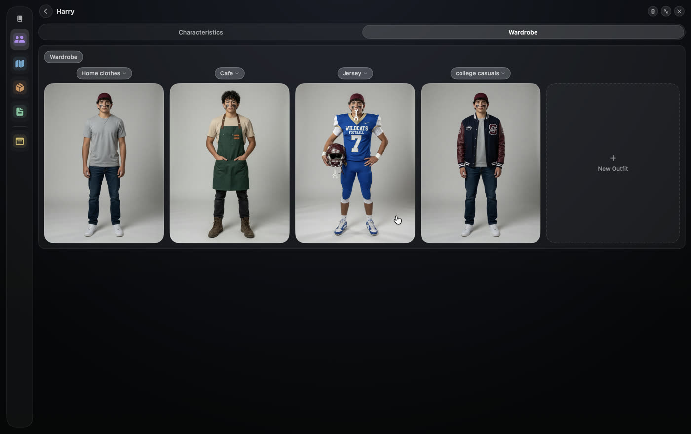 A character's Wardrobe screen: the same actor in four outfits