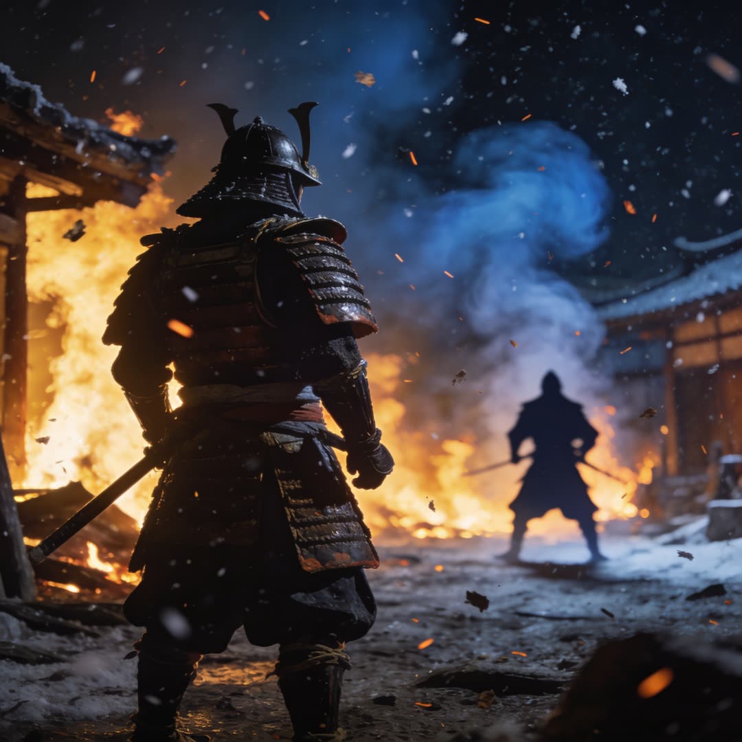 AI-generated film still: a samurai facing a rival in a burning village
